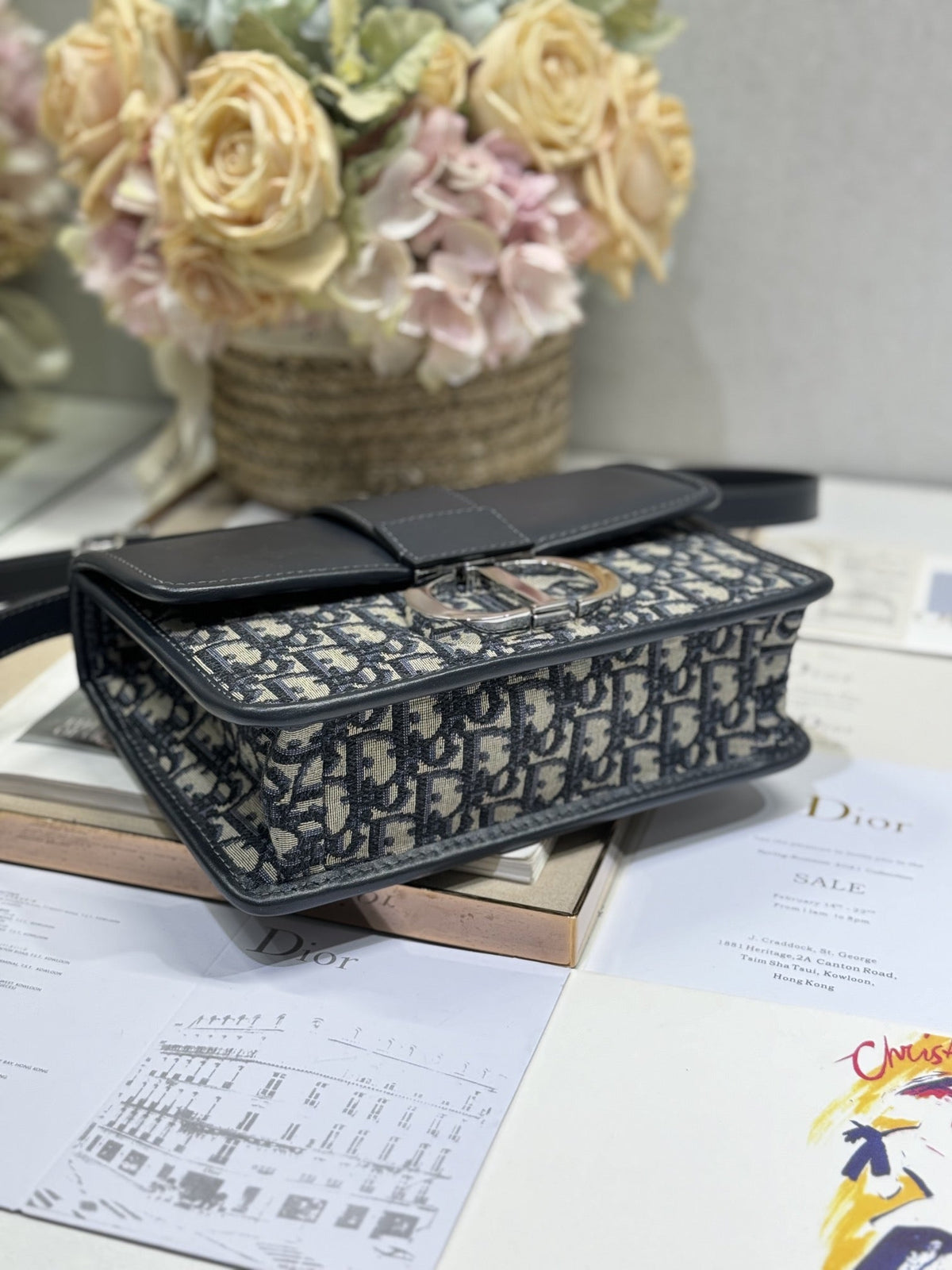 MONTAIGNE EAST-WEST BAG 24 IN BLACK LAMBSKIN AND MONOGRAM OBLIQUE JACQUARD