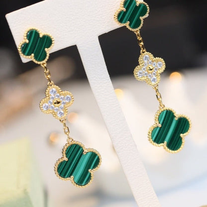 [Liorra]CLOVER EARRINGS GOLD MALACHITE DIAMOND 3 MOTIF