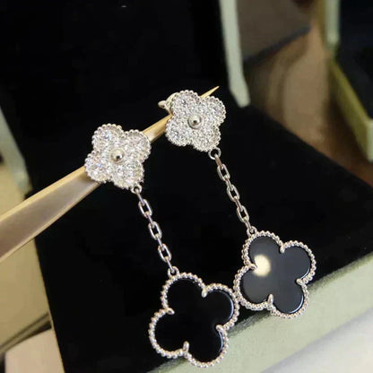 [Liorra]CLOVER 2 MOTIFS  DIAMOND ONYX EARRINGS SILVER