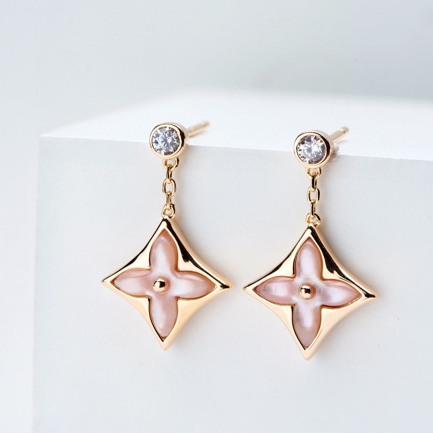 [Liorra]DOUBLE STAR PINK GOLD MOP DROP EARRINGS