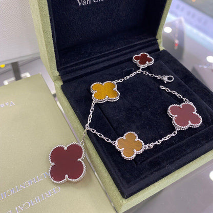 [Liorra]CLOVER 5 MOTIFS SIVLER CARNELIAN TIGER EYE BRACELET