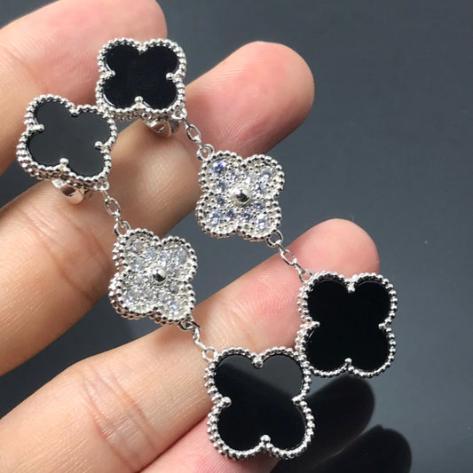 [Liorra]CLOVER 3 MOTIF DIAMOND ONYX SILVER EARRINGS