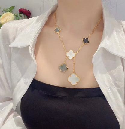[Liorra]CLOVER 6 MOTIF MOP ONYX GOLD NECKLACE