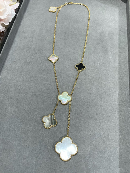 [Liorra]CLOVER 6 MOTIF MOP ONYX GOLD NECKLACE