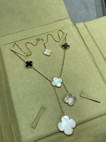 [Liorra]CLOVER 6 MOTIF MOP ONYX GOLD NECKLACE