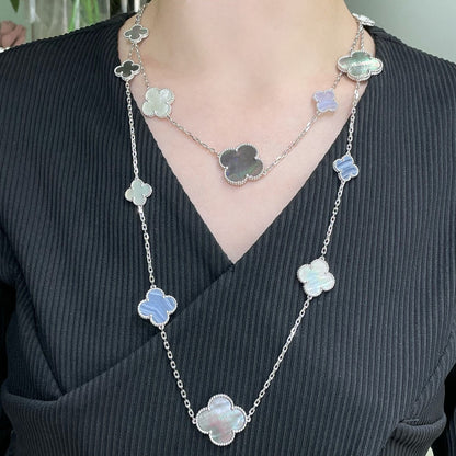 [Liorra]CLOVER 16 MOTIF CHALCEDONY MOP SILVER NECKLACE