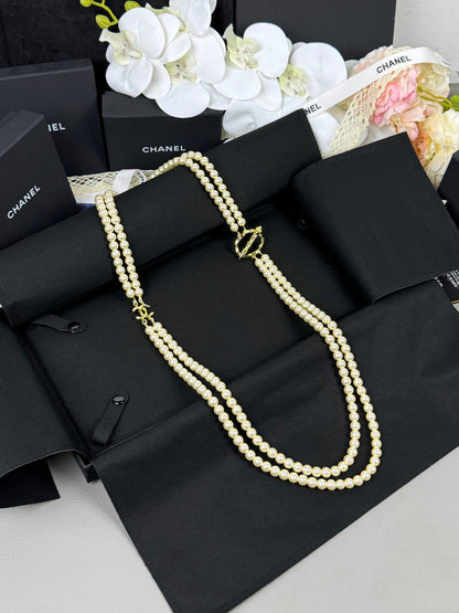 [Liorra]25K Pencil Double C Double-Layer Pearl Sweater Chain