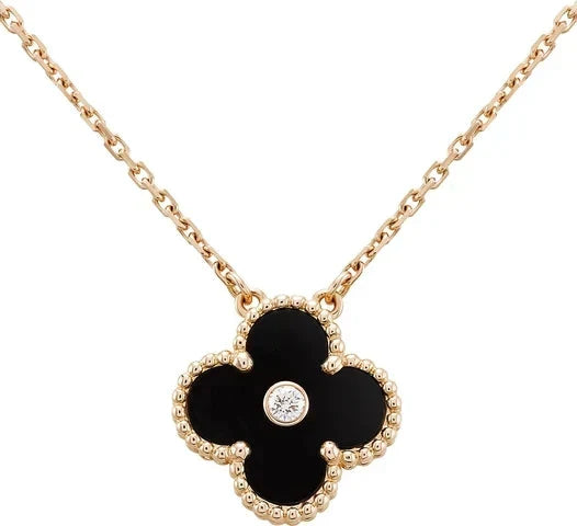 [Liorra]CLOVER 15MM DIAMOND ONYX NECKLACE