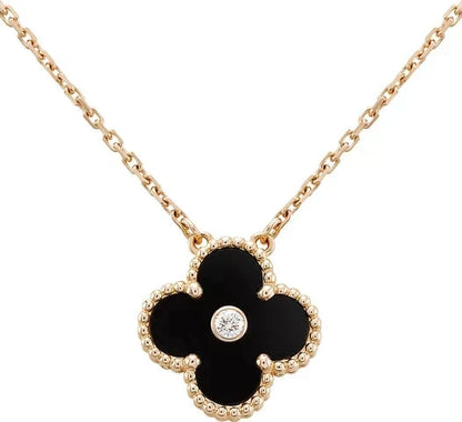 [Liorra]CLOVER 15MM DIAMOND ONYX NECKLACE