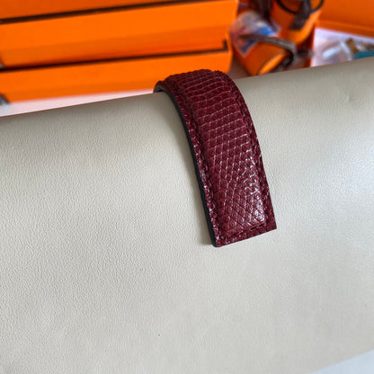 JIGE ELAN 29 CLUTCH IN WHITE CALFSKIN WITH GARNET RED LIZARD SKIN (MADE-TO-ODER)