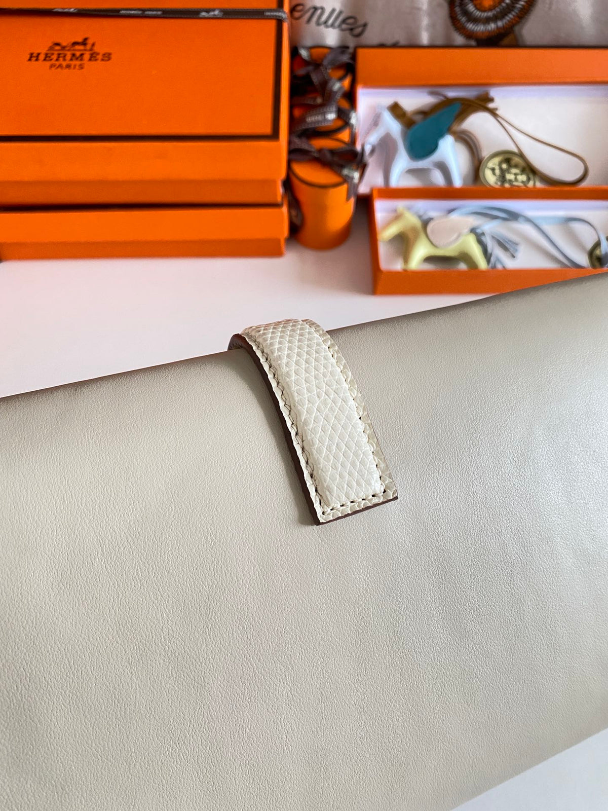 JIGE ELAN 29 CLUTCH IN BISQUE BEIGE CALFSKIN WITH LIZARD SKIN (MADE-TO-ODER)
