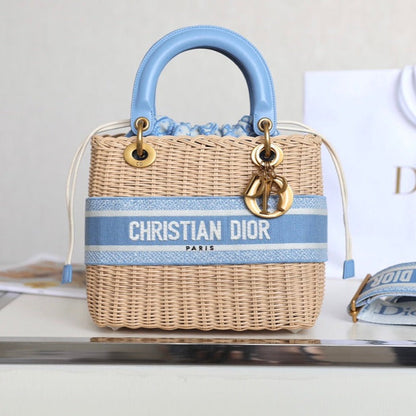 LADY 24 BASKET BAG IN BLUE OBLIQUE JACQUARD MIX BEIGE WICKER