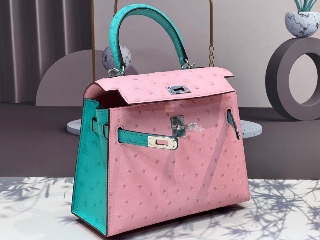 KELLY BAG 20 IN FLAMINGO PINK MIX CYAN BLUE OSTRICH LEATHER WITH SILVER HARDWARE (MADE-TO-ODER)