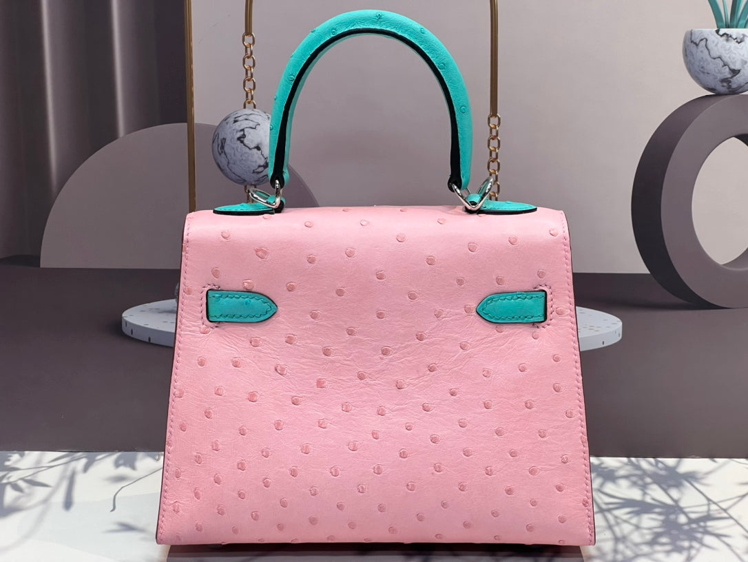 KELLY BAG 20 IN FLAMINGO PINK MIX CYAN BLUE OSTRICH LEATHER WITH SILVER HARDWARE (MADE-TO-ODER)