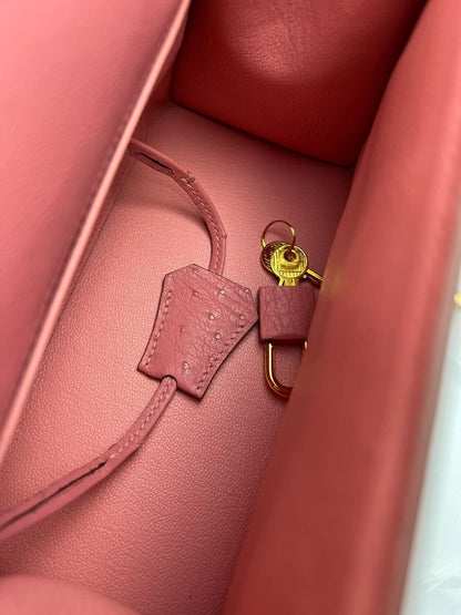 KELLY BAG 20 IN ROUGE PINK OSTRICH LEATHER WITH GOLD HARDWARE (MADE-TO-ODER)