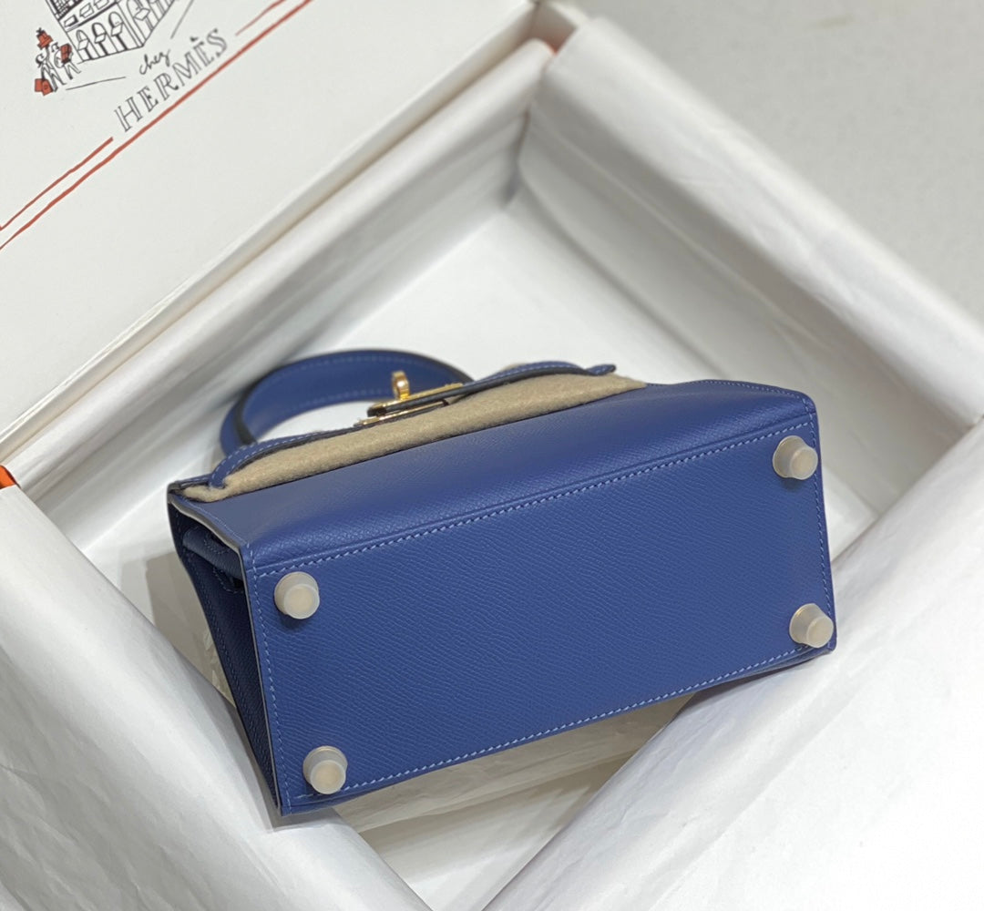 KELLY MINI 20 BAG IN AZURE BLUE CALFSKIN WITH GOLD HARDWARE (MADE-TO-ODER)