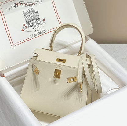 KELLY MINI 20 BAG IN WHITE CALFSKIN WITH GOLD HARDWARE (MADE-TO-ODER)