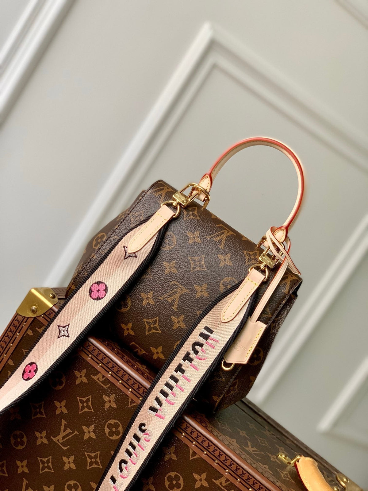 CLUNY BB MINI HANDBAG 20 IN BROWN MONOGRAM CALFSKIN BEIGE BLACK EMBROIDERED LOGO CANVAS