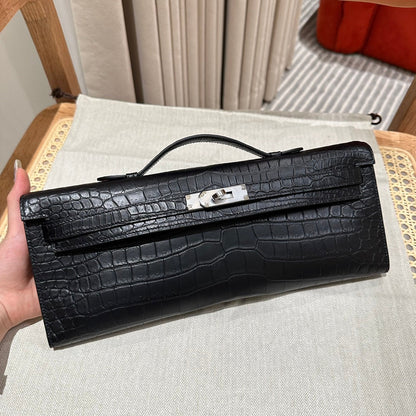KELLY CUT 31 IN BLACK SHINY ALLIGATOR LEATHER WITH SILVER HARDWARE (MADE-TO-ODER)