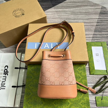GG OPHIDIA MINI 19 BUCKET LIGHT PINK CANVAS AND CALFSKIN