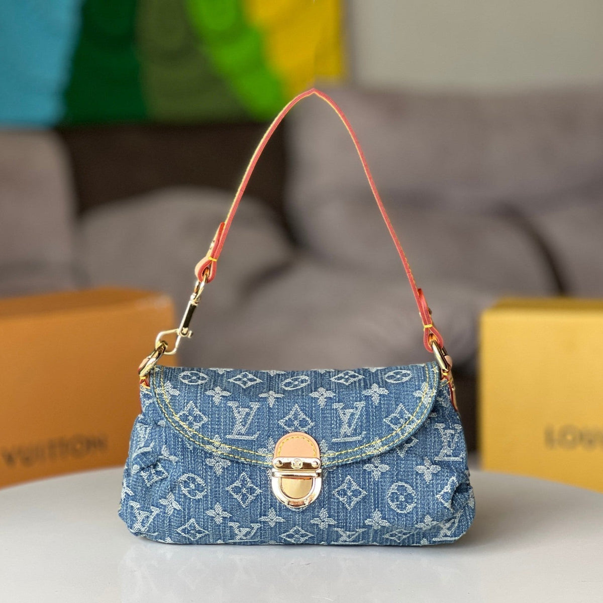 LV 25S PLEATY BAG 26 IN BLUE MONOGRAM DENIM GOLD HARDWARE