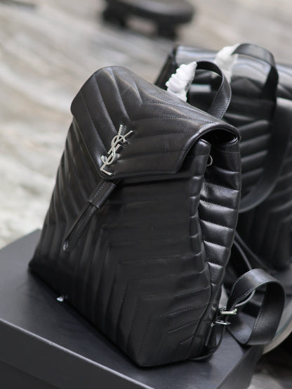 LOU BACKPACK 33 IN BLACK QUILTED CALFSKIN SILVER HARDWARE