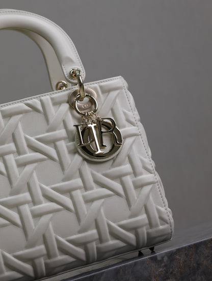 LADY BAG 24 IN WHITE GRAPHIC CANNAGE CALFSKIN PALE GOLD-FINISH METAL CHARMS