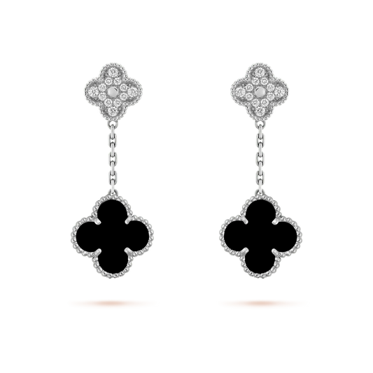 [Liorra]CLOVER 2 MOTIFS  DIAMOND ONYX EARRINGS SILVER