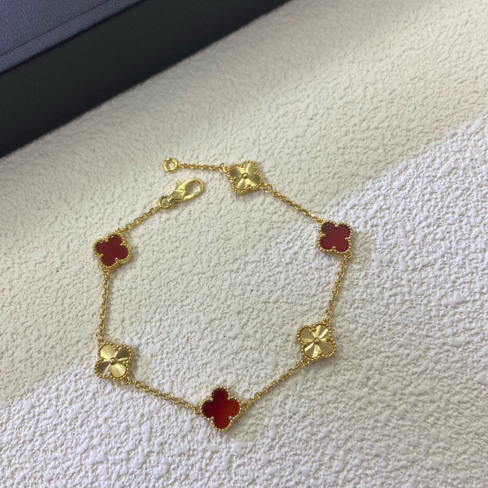 [Liorra]CLOVER 6 MOTIF RED AGATE LASER BRACELET-w