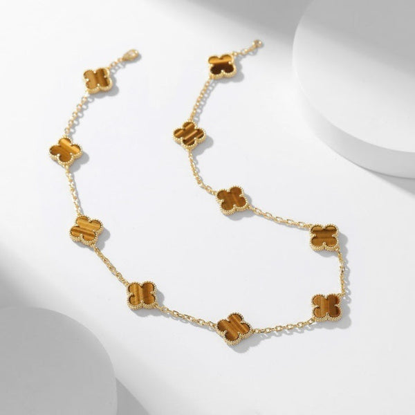 [Liorra]CLOVER 10 MOTIFS TIGER EYE NECKLACE