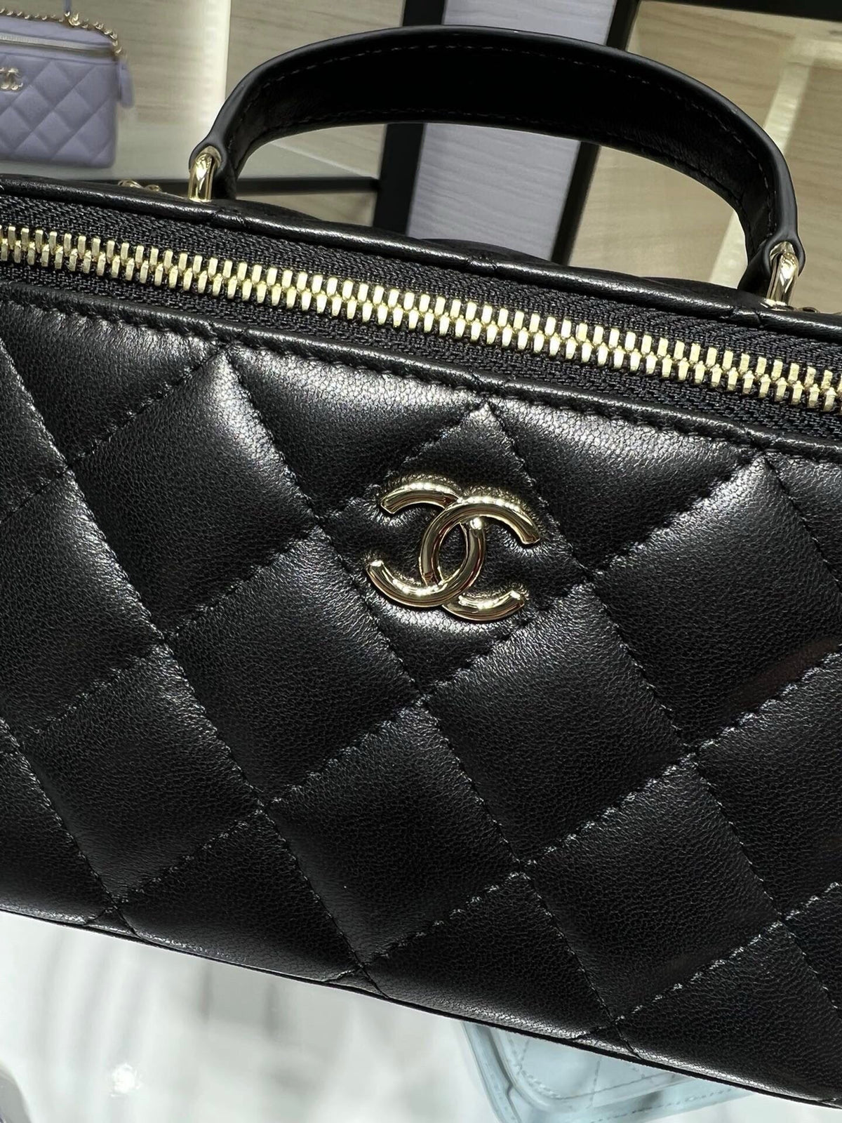VANITY 17 TOP HANDLE IN BLACK QUILTED LAMBSKIN GOLD HARDWARE