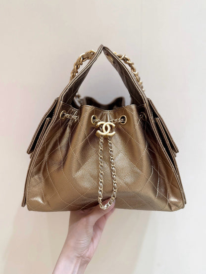 CHANEL 25 MEDIUM HANDBAG IN GOLDEN BROWN CALFSKIN WITH GOLD HARDWARE