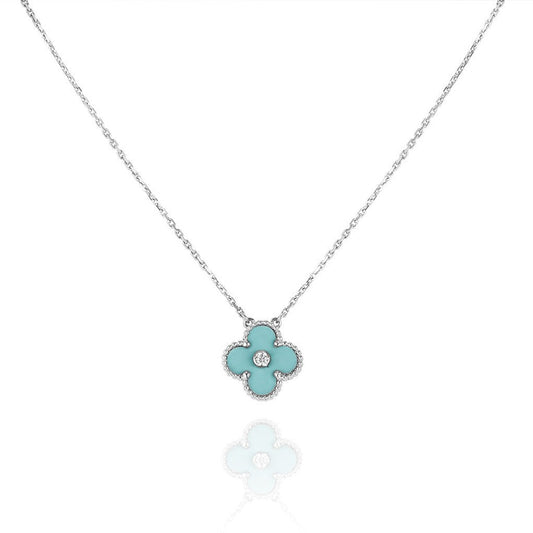 [Liorra]CLOVER 1 DIAMOND LIGHT BLUE SILVER NECKLACE