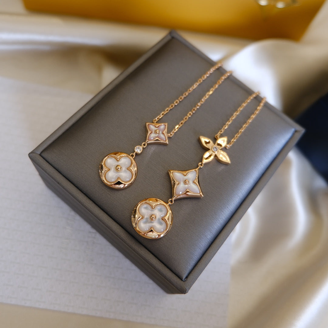 [Liorra]COLOR BLOSSOM LARIAT NECKLACE PINK GOLD WHITE MOTHER PEARL AND DIAMOND