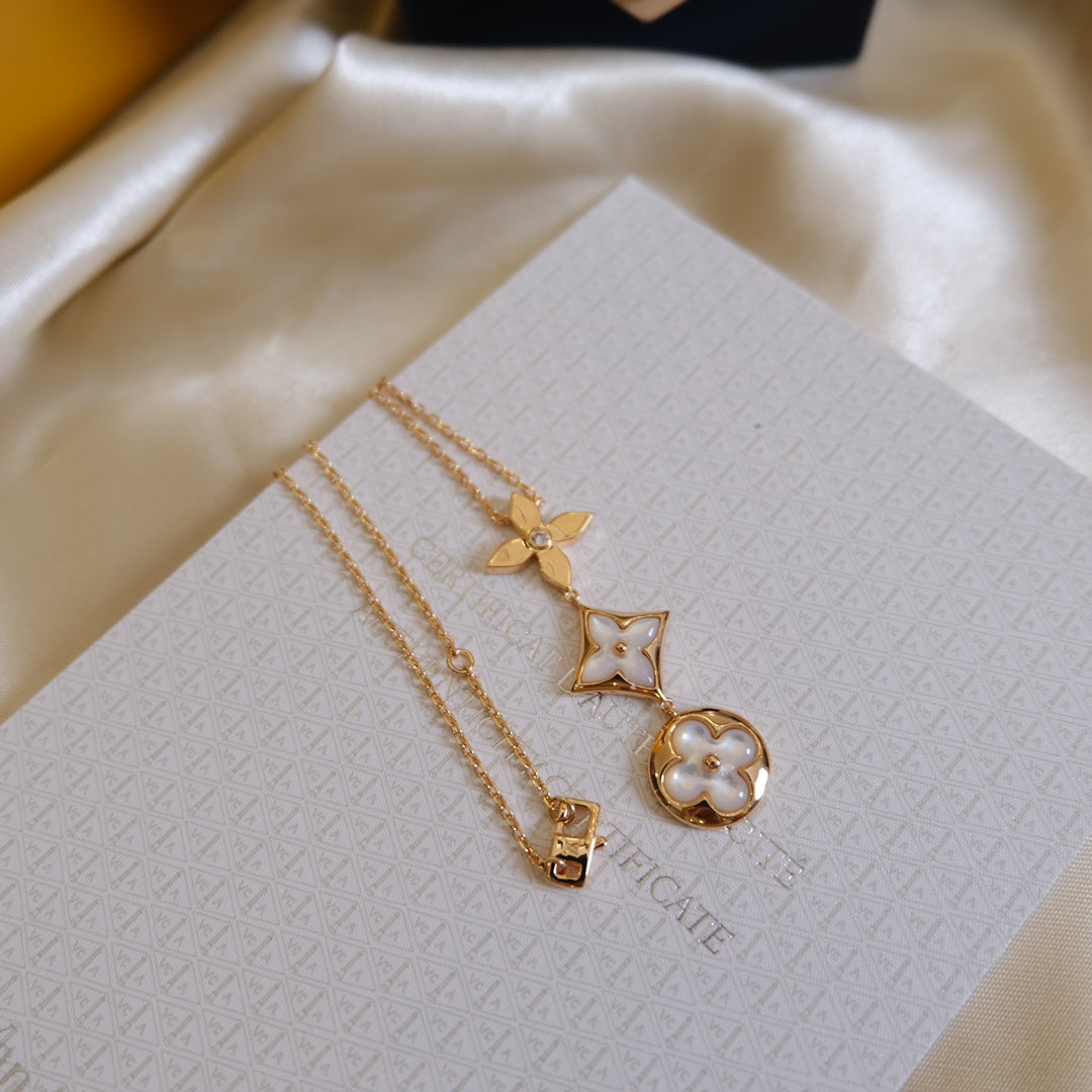 [Liorra]COLOR BLOSSOM LARIAT NECKLACE PINK GOLD WHITE MOTHER PEARL AND DIAMOND