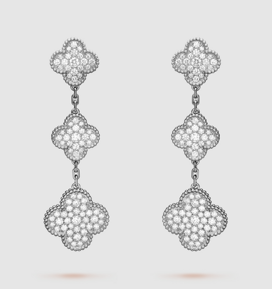 [Liorra]CLOVER 3 MOTIF DIAMOND SILVER DROP EARRINGS