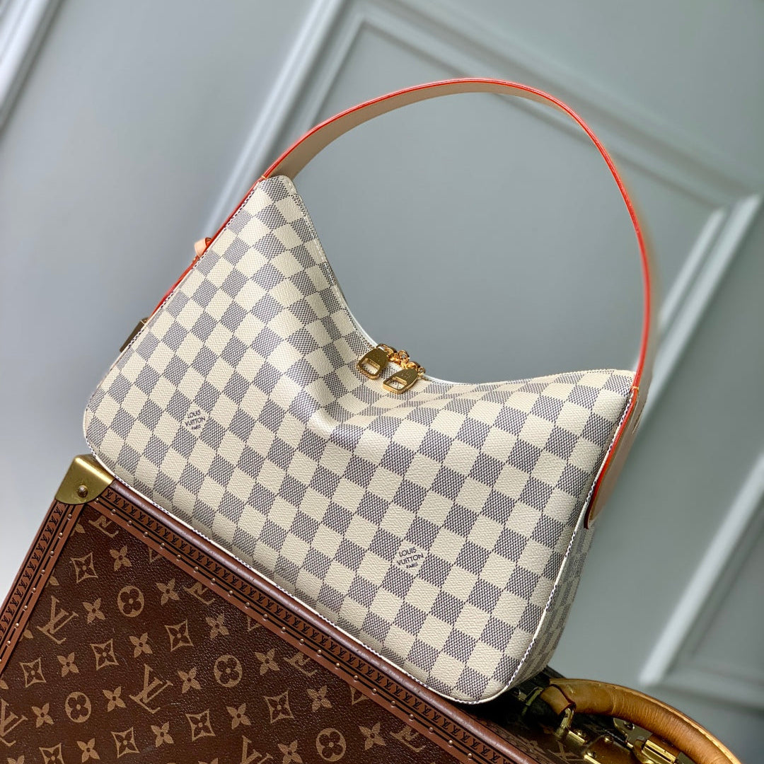 SLOUCHY PM 33 IN WHITE GREY CHECKERBOARD PATTERN DAMIER AZUR COATED CANVAS