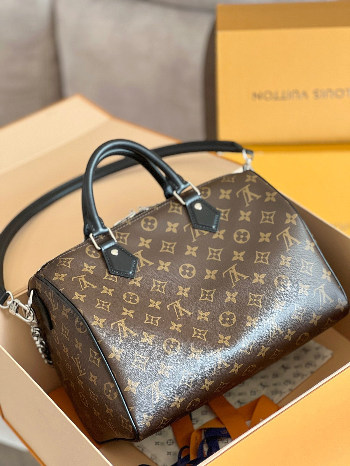 LV 25S SPEEDY SOFT 30 IN BROWN MONOGRAM CANVAS AND CALFSKIN SILVER HARDWARE