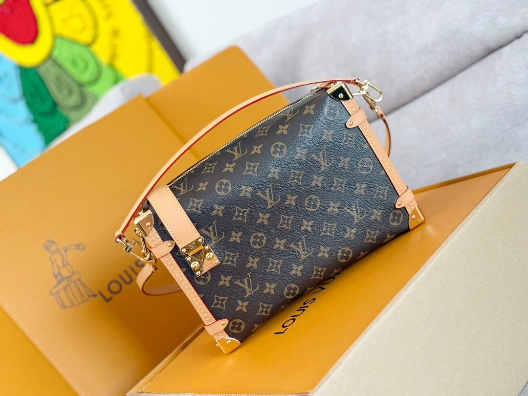LV 25S SIDE TRUNK 30 IN BROWN MONOGRAM CANVAS LEATHER TRIM GOLD HARDWARE