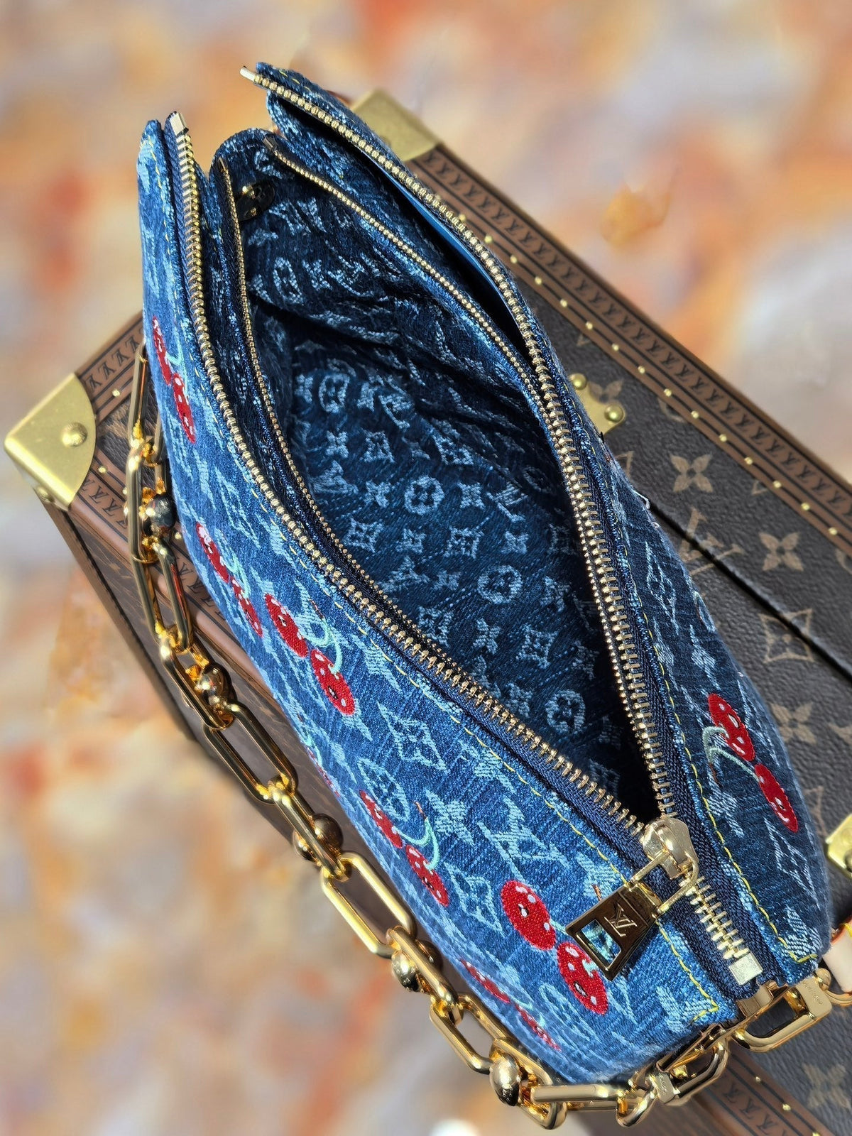 LV 25S COUSSIN BAG 26 IN DARK BLUE DENIM MONOGRAM CHERRY GOLD HARDWARE