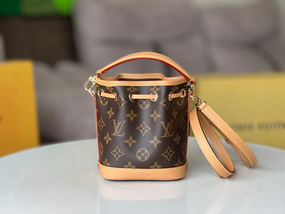 LV 25S NANO NOÉ 16 IN DARK BROWN MONOGRAM COATED CANVAS LEATHER TRIM