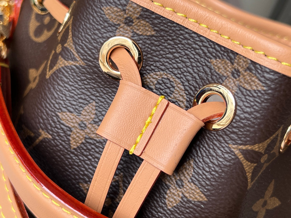 LV 25S NANO NOÉ 16 IN DARK BROWN MONOGRAM COATED CANVAS LEATHER TRIM