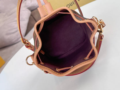 LV 25S NANO NOÉ 16 IN DARK BROWN MONOGRAM COATED CANVAS LEATHER TRIM