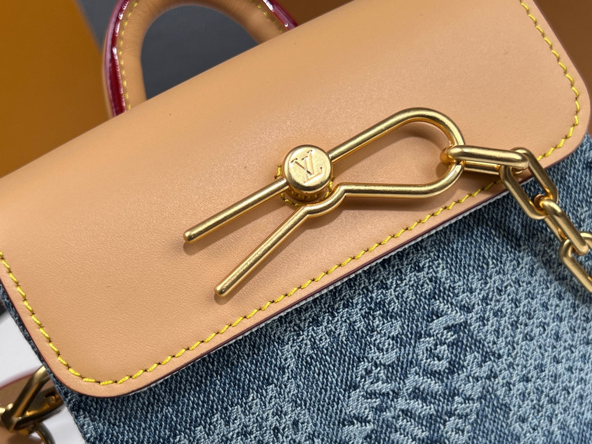 LV 25S NANO STEAMER 18 IN BLUE COTTON DENIM CALFSKIN TRIM GOLD HARDWARE