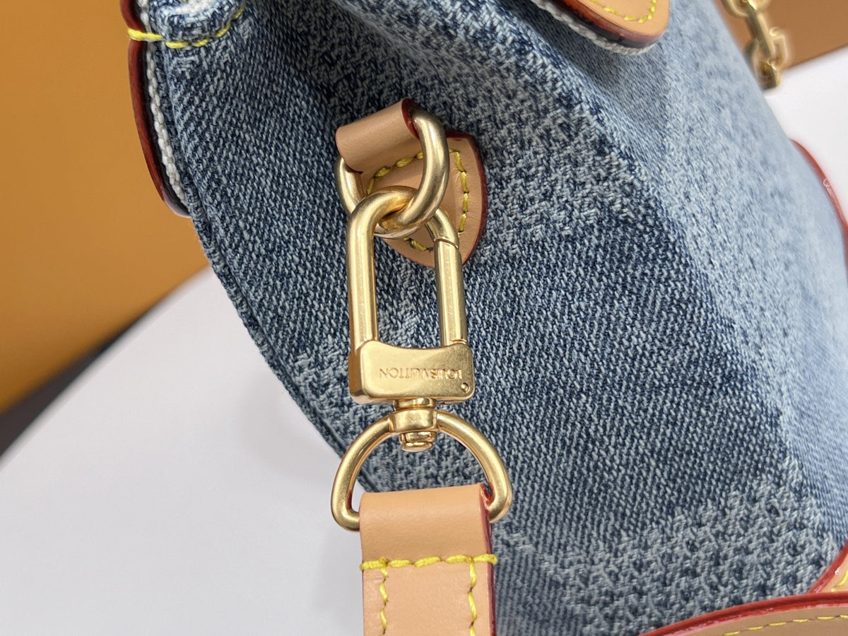 LV 25S NANO STEAMER 18 IN BLUE COTTON DENIM CALFSKIN TRIM GOLD HARDWARE