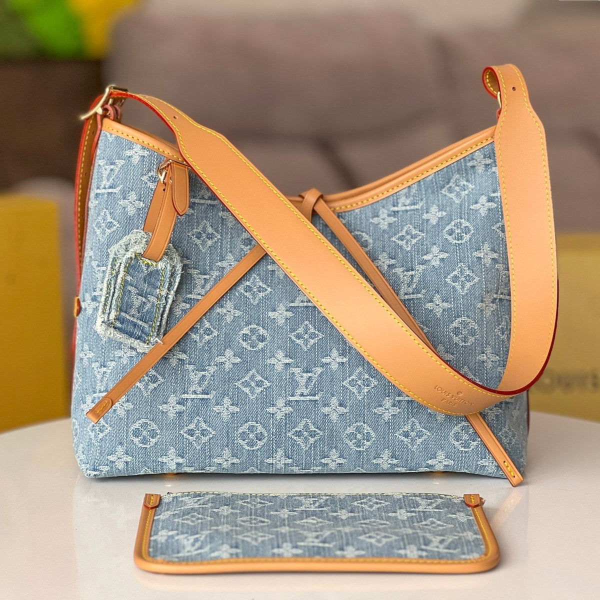 LV 25S CARRYALL 29 IN LIGHT BLUE DENIM MONOGRAM LEATHER TRIM