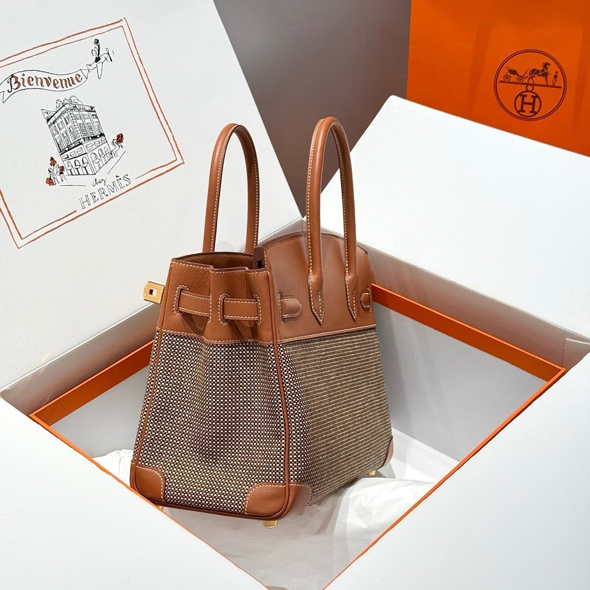 QUADRILLE BIRKIN 30CM IN GOLD SWIFT CALFSKIN AND BLACK/WHITE/BROWN TOILE CANVAS
