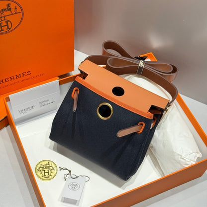 HERMES 25S MINI HERBAG 20 IN NAVY BLUE CANVAS GOLD HARDWARE
