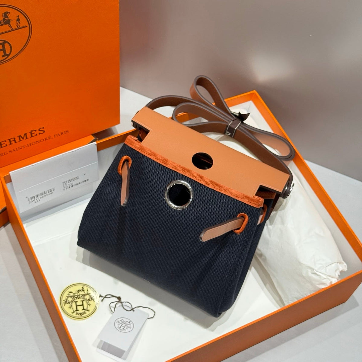 HERMES 25S MINI HERBAG 20 IN NAVY BLUE CANVAS SILVER HARDWARE