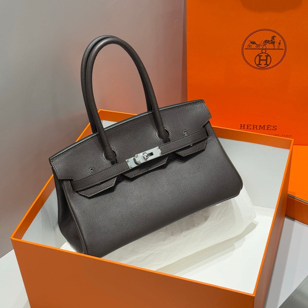 HERMES 25S SHOULDER BIRKIN 29 IN CHARCOAL BROWN CALFSKIN SILVER HARDWARE